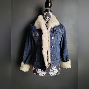 Vintage Arizona Denim Trucker Jacket with Faux Fur Trim Cream Sz M Y2K 00s